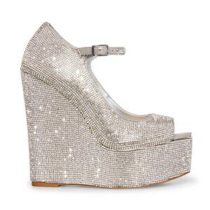 Steve Madden Silver Rhinestone Platform Wedges | Sparkly Ankle Strap | Worn Once
